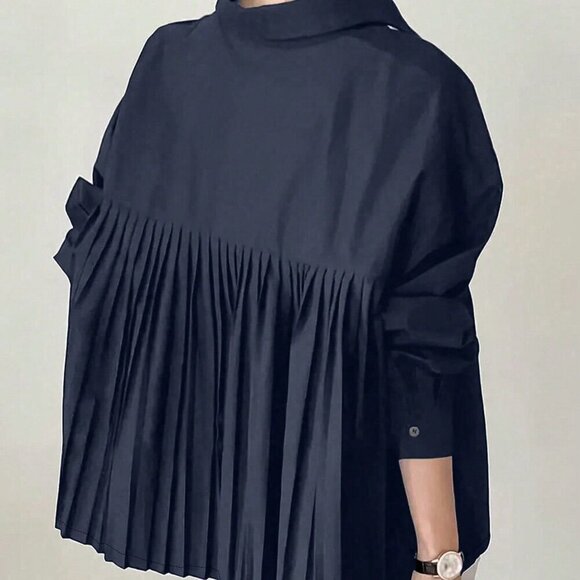Navy Blue Casual Women's Loose Pleated Oversize Elegant Long-sleeved shirt - Picture 1 of 3